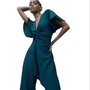 ZARA Crossed Tiered Ruffle Jumpsuit Tulip Sleeves V Neck Dark Teal - sz Sm
